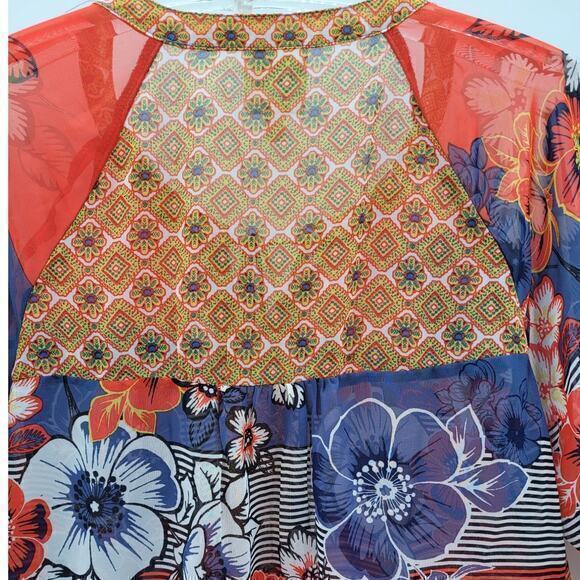 HPAnthropologie Floral Stripe Sheer Long Sleeve Henley Tie Front Blouse - Picture 10 of 13